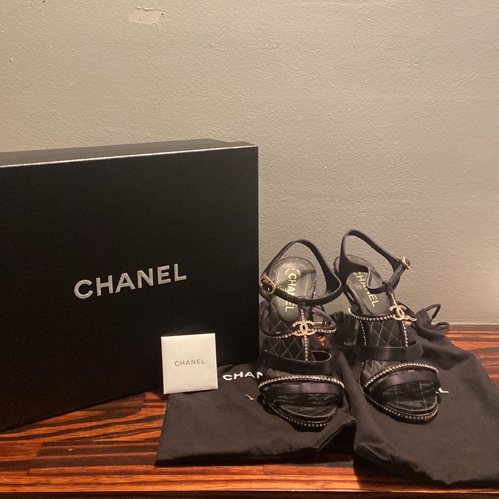 Chanel Black Crystal Strappy Heel Sandels